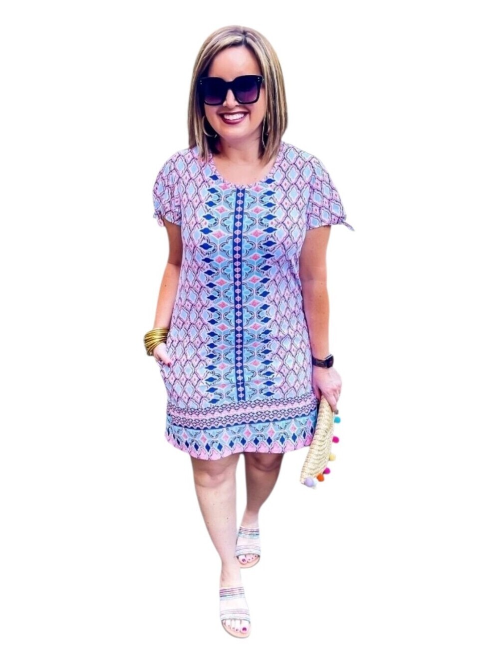 Cabana Life Womens Geoprint Tie Sleeve Resort Boating St Barts Dress Large